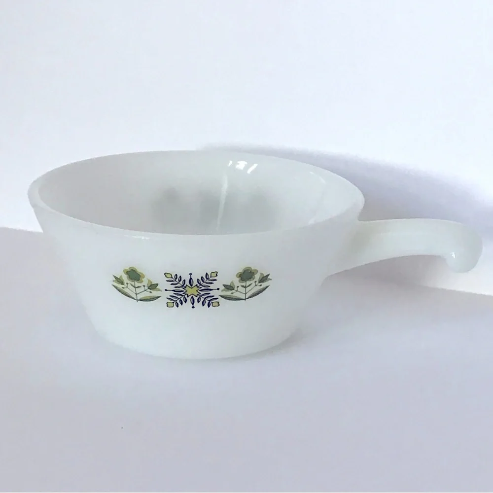 Anchor Hocking Fire King Milk Glass Meadow Green Bar Handle Soup Bowl 70s
